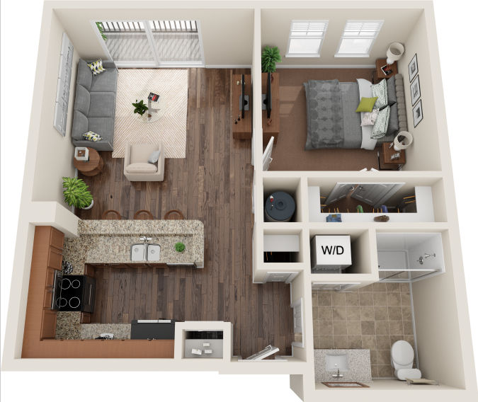 Floor plan for 1 bed, 1 bath, 675 sqft